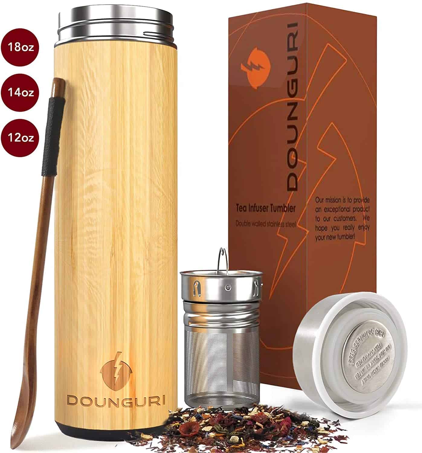 DOUNGURI Bamboo Tea Tumbler Mug with Strainer Infuser