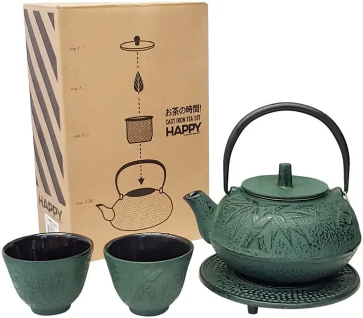 Happy Sales Cast Iron Tea Pot Tea Set Green Bamboo